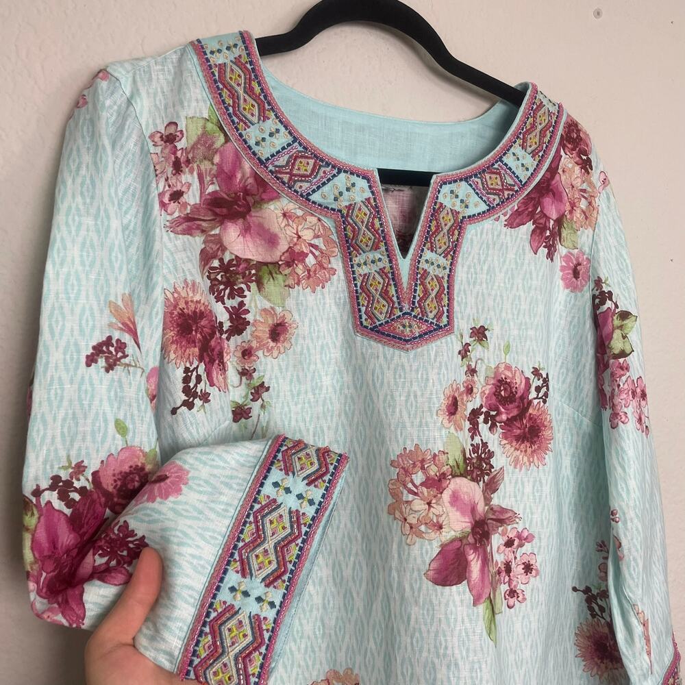 John Mark Women's Blue Floral Beaded V-Neck Linen Cotton Tunic Size Large - Picture 3 of 8